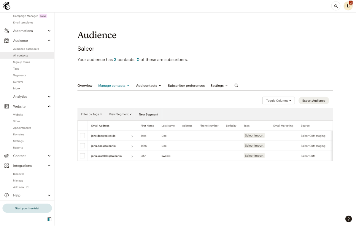 Mailchimp UI displaying contact from Saleor