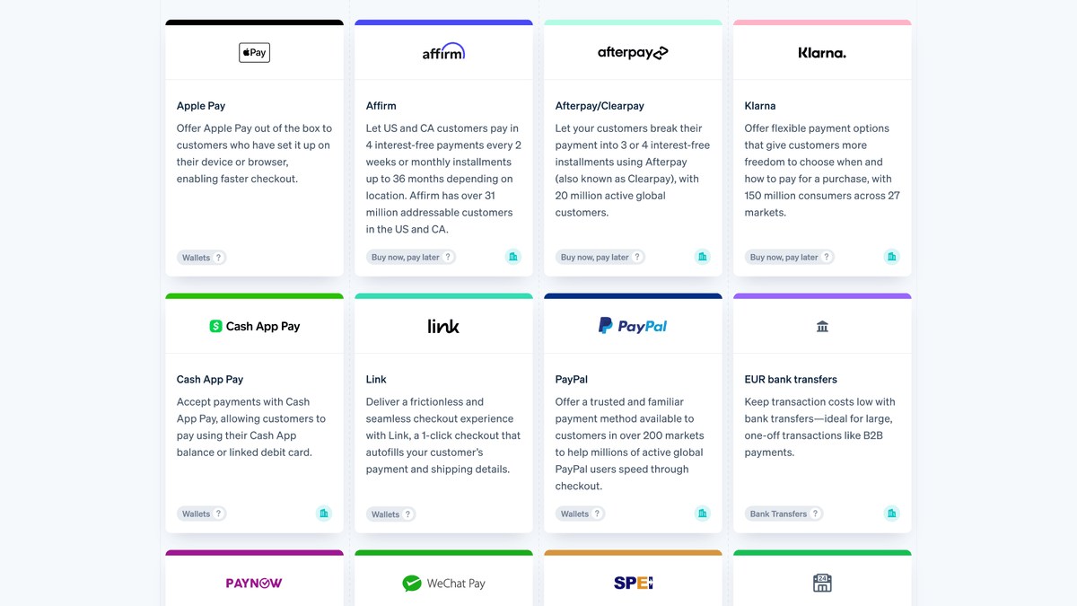 Stripe.com payment providers list