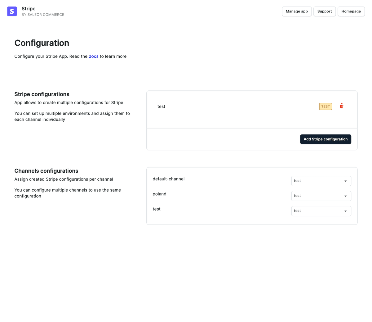 Stripe integration dashboard