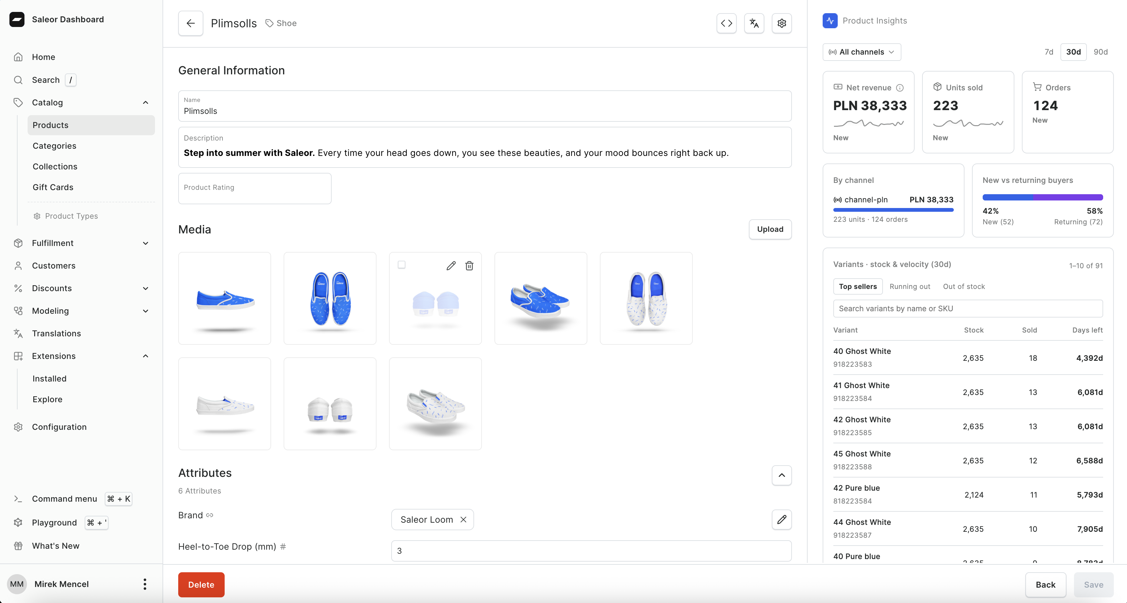 Product Insights panel on a product page in the Saleor Dashboard