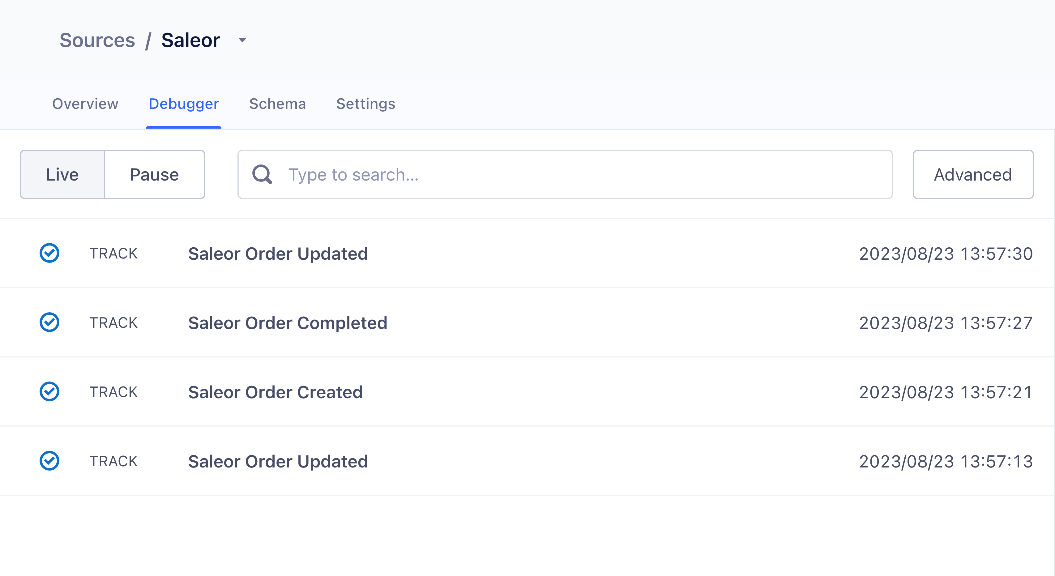 Segment dashboard showing Saleor events